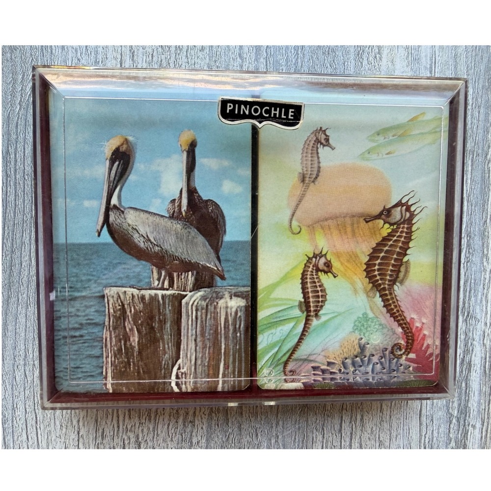 Vintage Pinochle Playing Cards Double Deck Set Pelican Seahorse Coastal Nautical